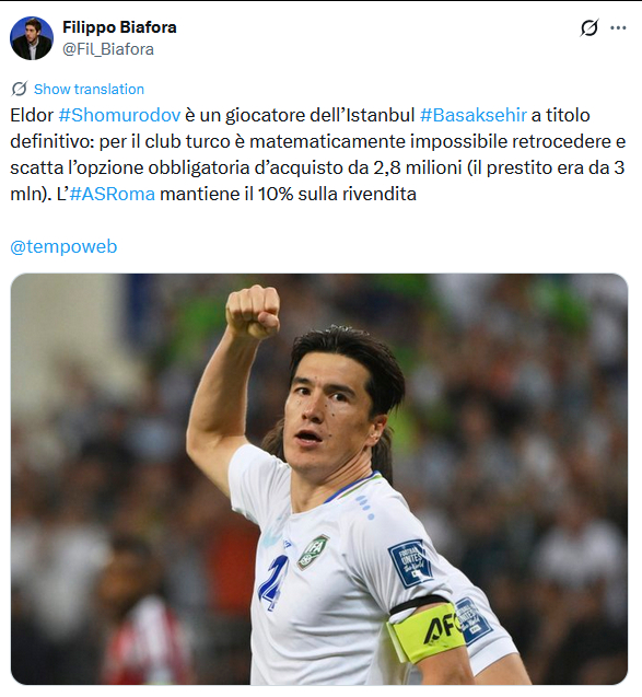 肖穆罗多夫的280万欧元买断条款已自动激活（租借费300万），永久加盟伊斯坦布尔