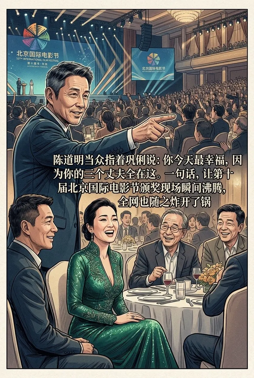 陈道明当众指着巩俐说:你今天最幸福，因为。你的三个丈夫全在这。一句话...
