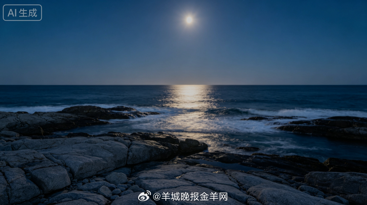 #晚安# 温柔月光洒落在空旷海边礁石，晚风带走白日暑热，海面泛着细碎银辉。静立听