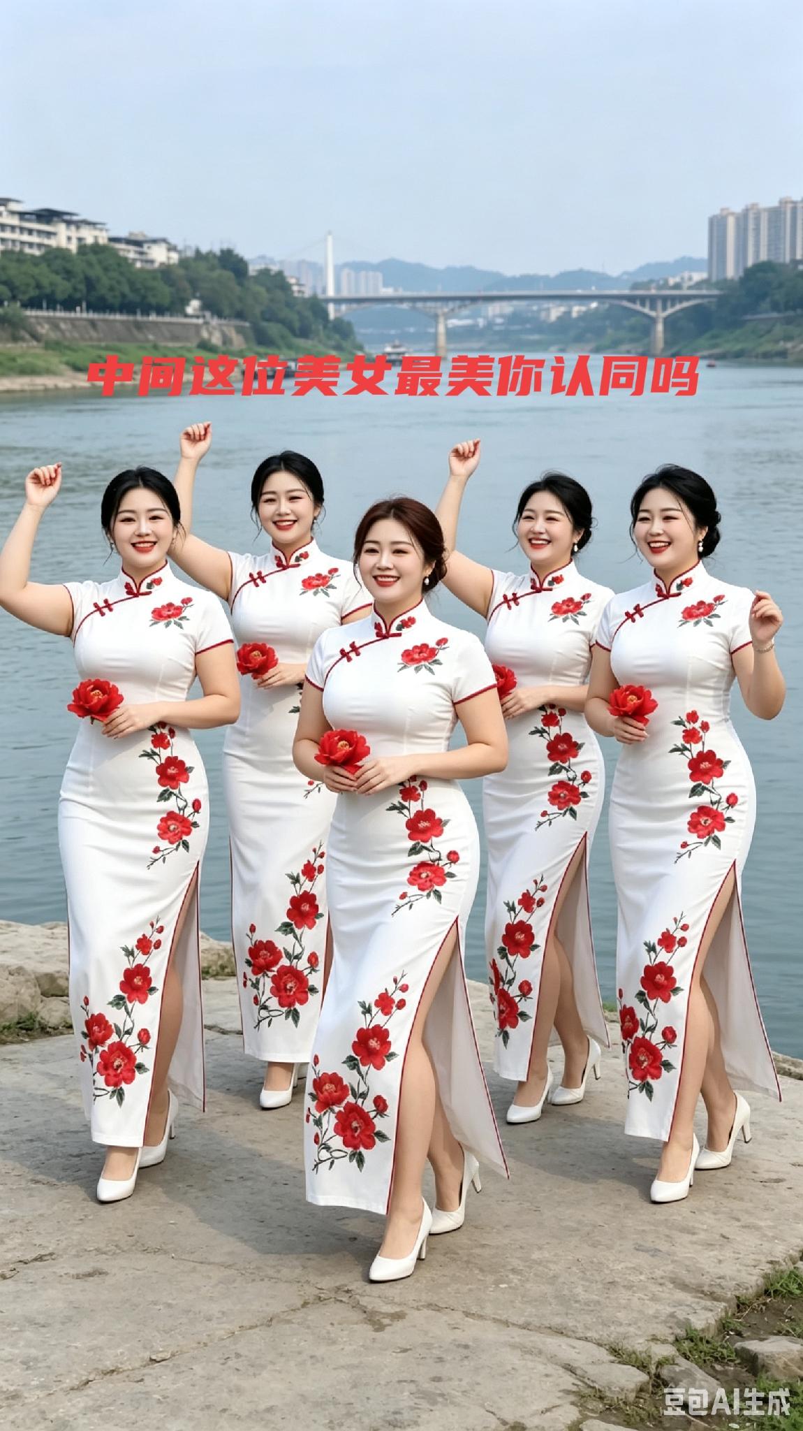六位年轻的旗袍佳人在江边翩翩起舞，大家瞧瞧中间这位，是不是颜值担当？
江边景色清