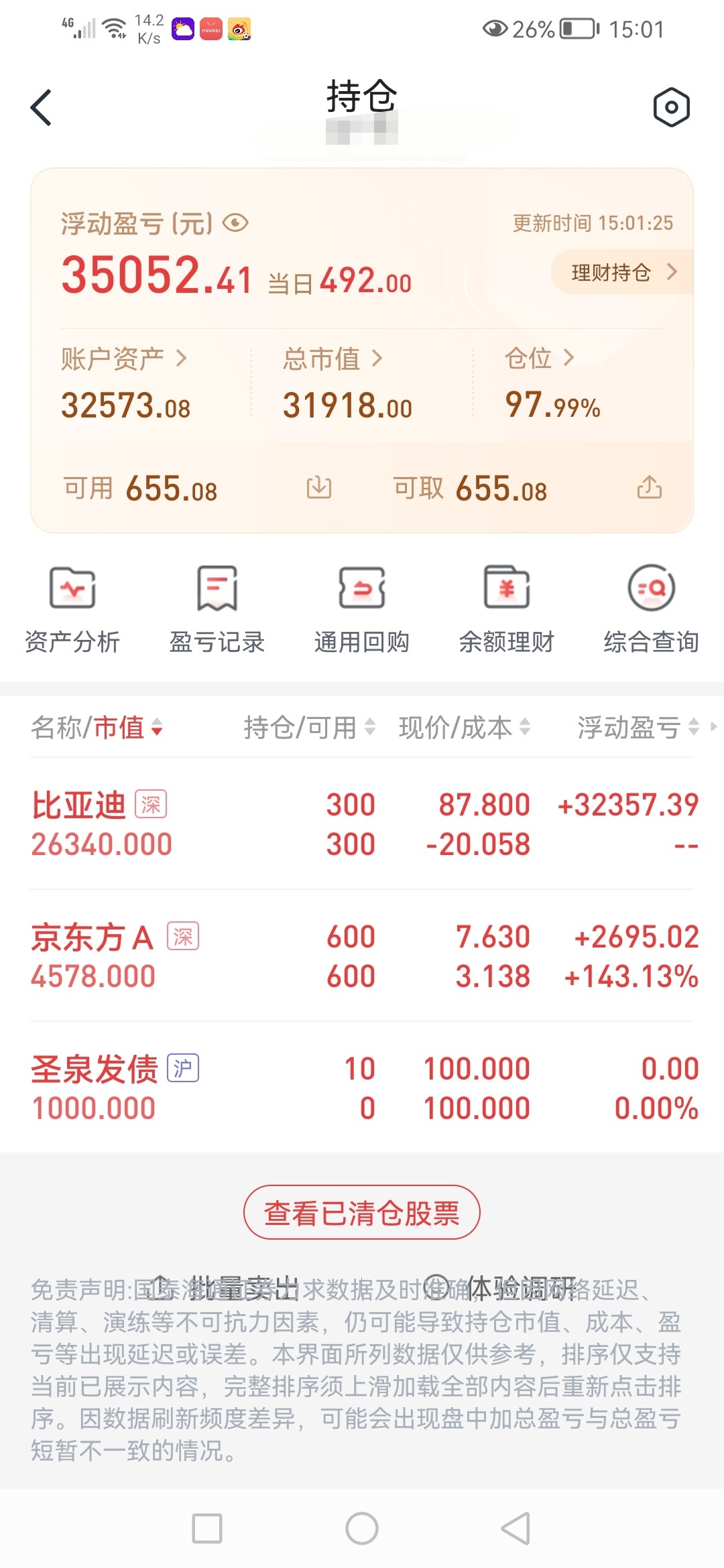 20260708星期三，账户净值869844元，浮盈6079元。今天比亚迪上涨了