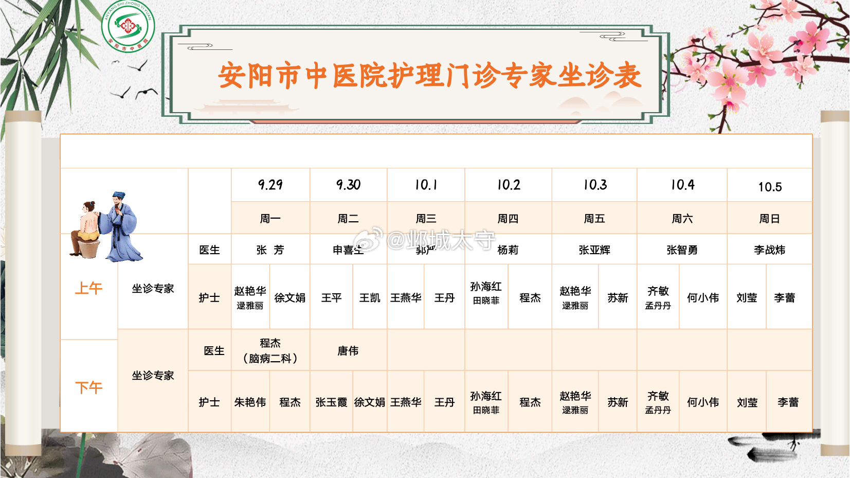 9.29正常坐诊，国庆期间门诊暂停，10.06的门诊调至了10.10。 ​​​