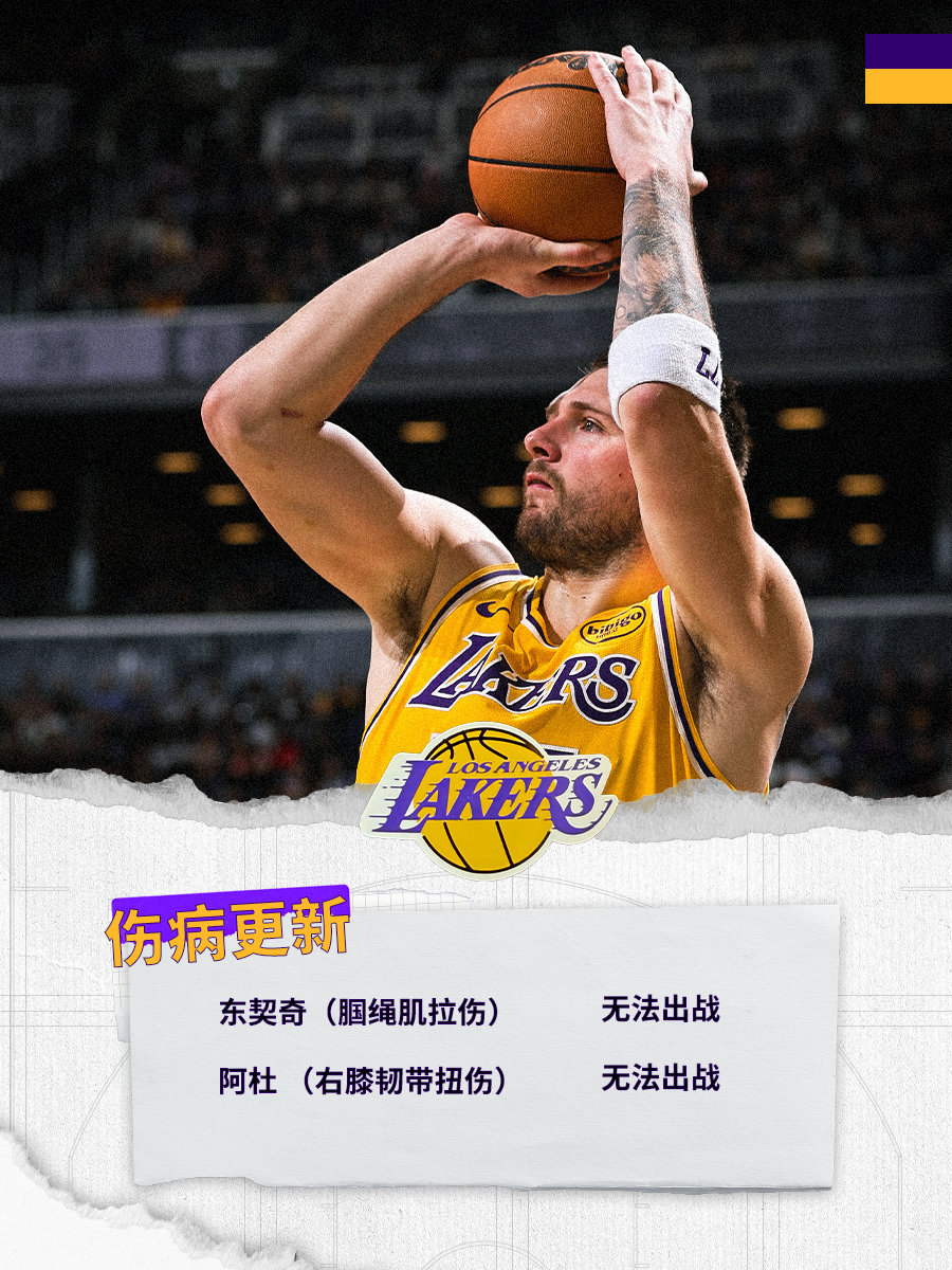 「伤病更新」东契奇因上场比赛腘绳肌拉伤，将缺席今天的比赛此外阿杜将继续缺席勇士v