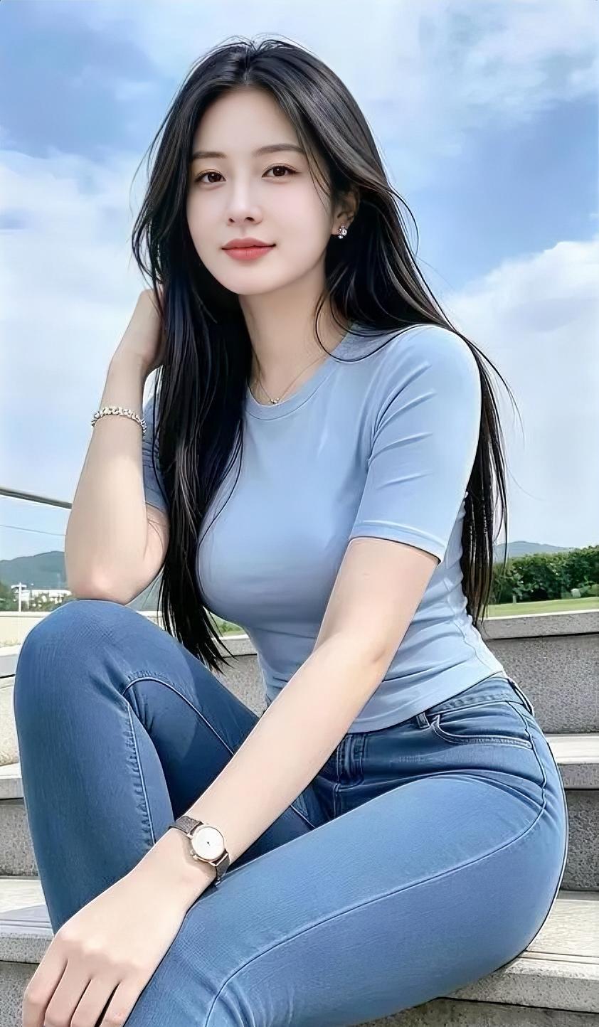 天蓝，衣也蓝，

你坐在光里面。

发梢随风轻摆，

笑意浅浅。

台阶托着闲适
