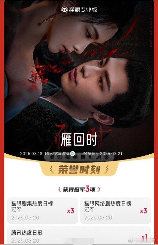 陈都灵、辛云来主演《雁回时》连续3天登顶剧集热度榜第一！🐮庄寒雁和傅云夕生活就