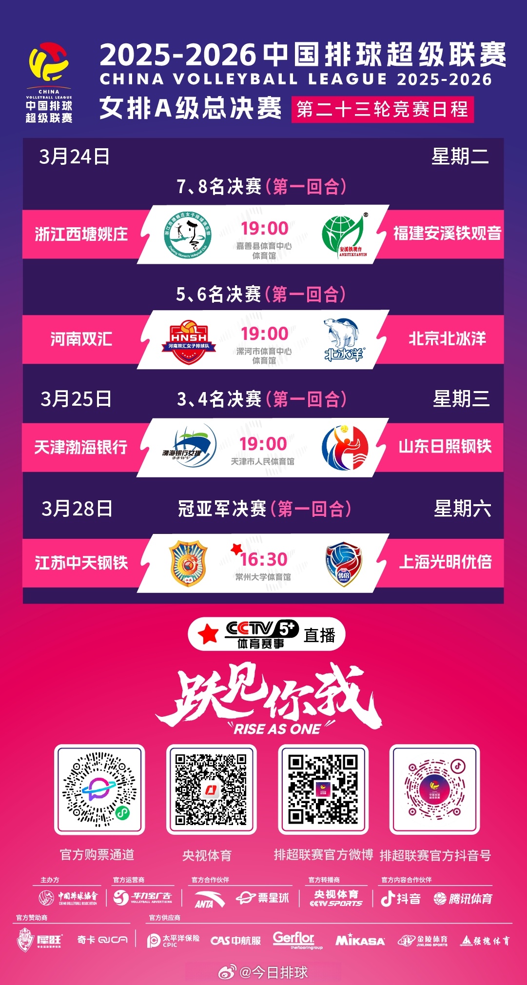 2025-2026中国女排超级联赛 A级总决赛本周将展开七八名、五六名、三四名和