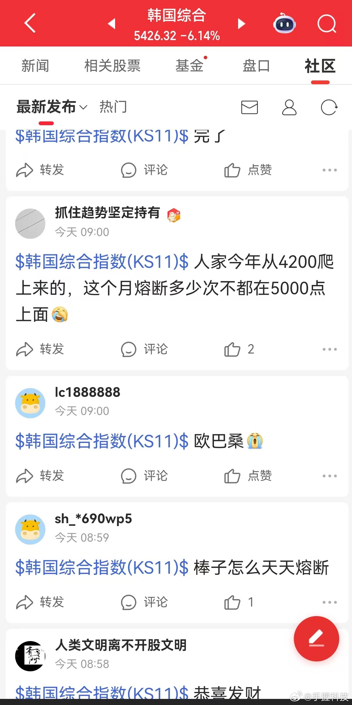 韩国股市跌5%启动熔断机制图1这是去日本街韩国街统计的？一大早熔断了都有人吹。我