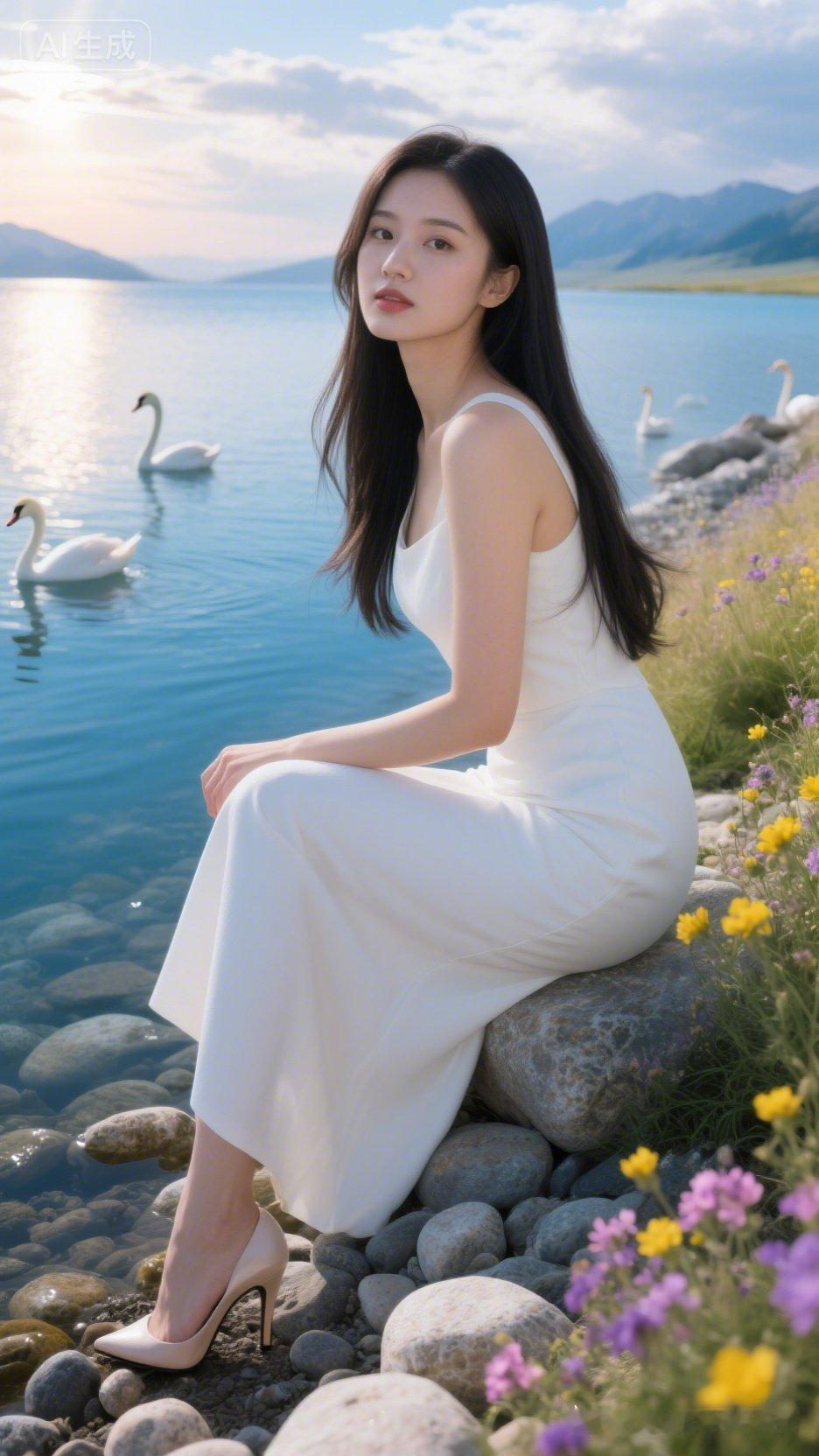 湖畔清姿
晴湖浩渺映遥峰，
白羽天鹅戏浪踪。
素衣佳人临石坐，
清颜雅韵显雍容。