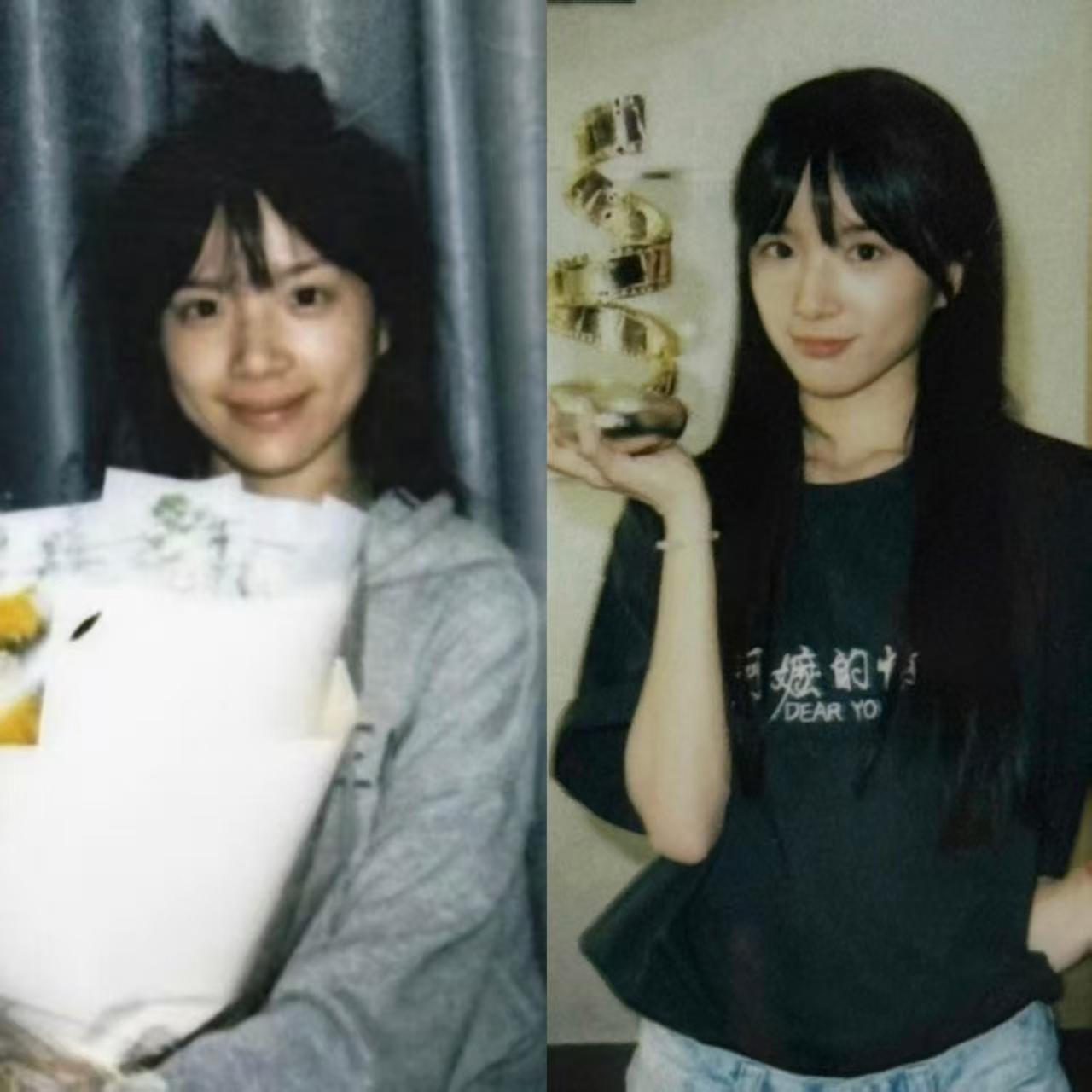 左边是李思潼《给阿嬷的情书》开机第一次触电，手捧鲜花柔和懵懂。右边是李思潼微博电