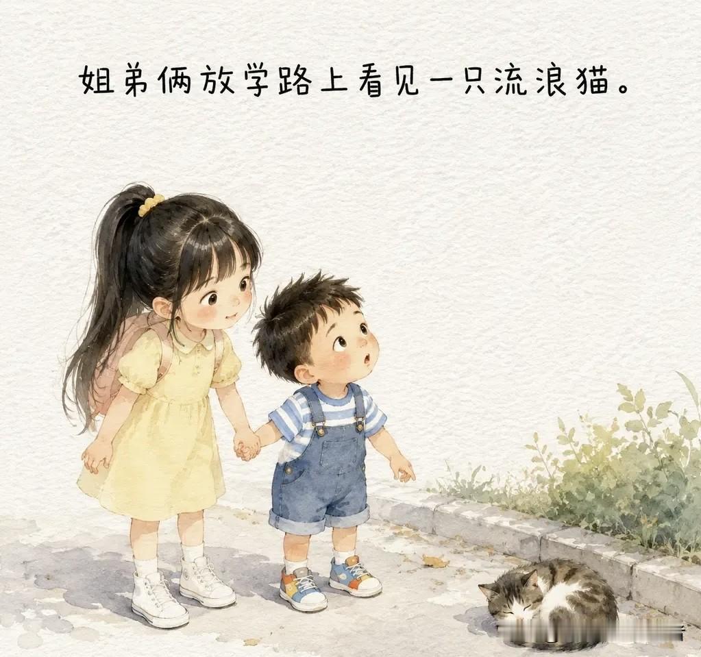 趣味漫画：姐弟俩放学路上看见一只流浪猫。弟弟：「姐，咱带回家吧。」姐姐：「妈不让