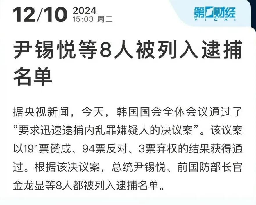 弹劾案需要国会200票，如果韩国执政党不支持仅在野党人数不够；但通过逮捕尹锡悦决