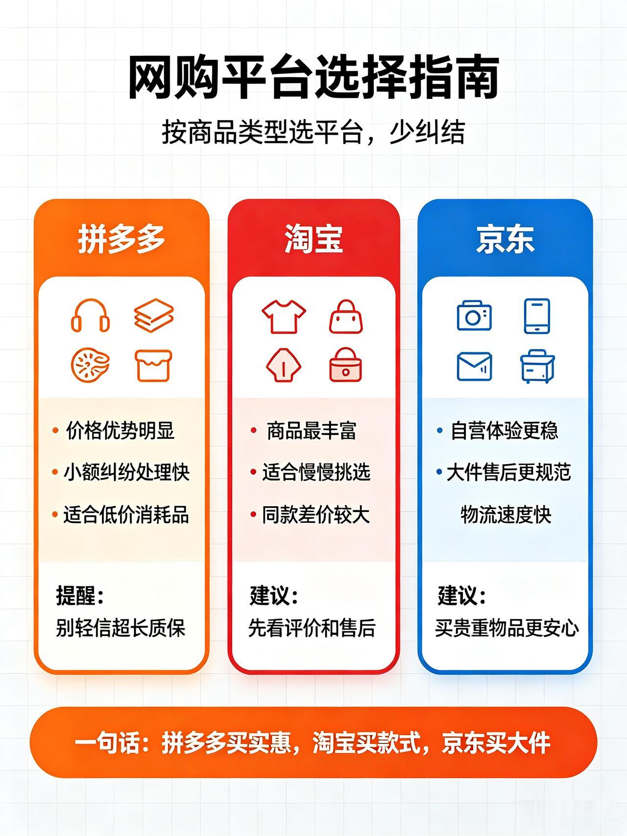 我结合日常购物体验，清晰对比拼多多、淘宝、京东三大平台的优缺点，写成一篇通俗实用