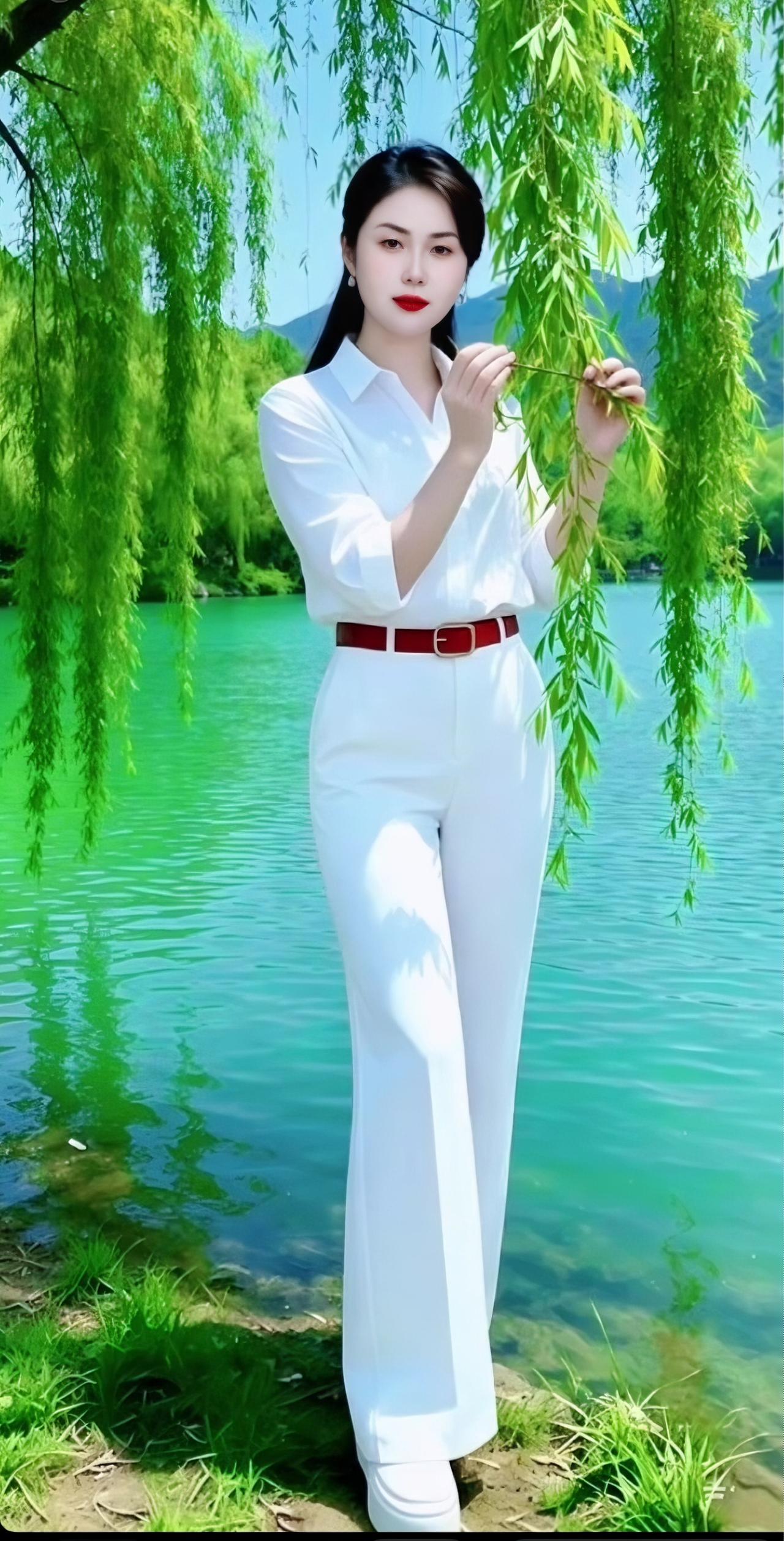 春风拂过湖畔，垂柳依依轻晃，碧水漾着温润的波光。一袭简约白衫衬得身姿利落大方，红