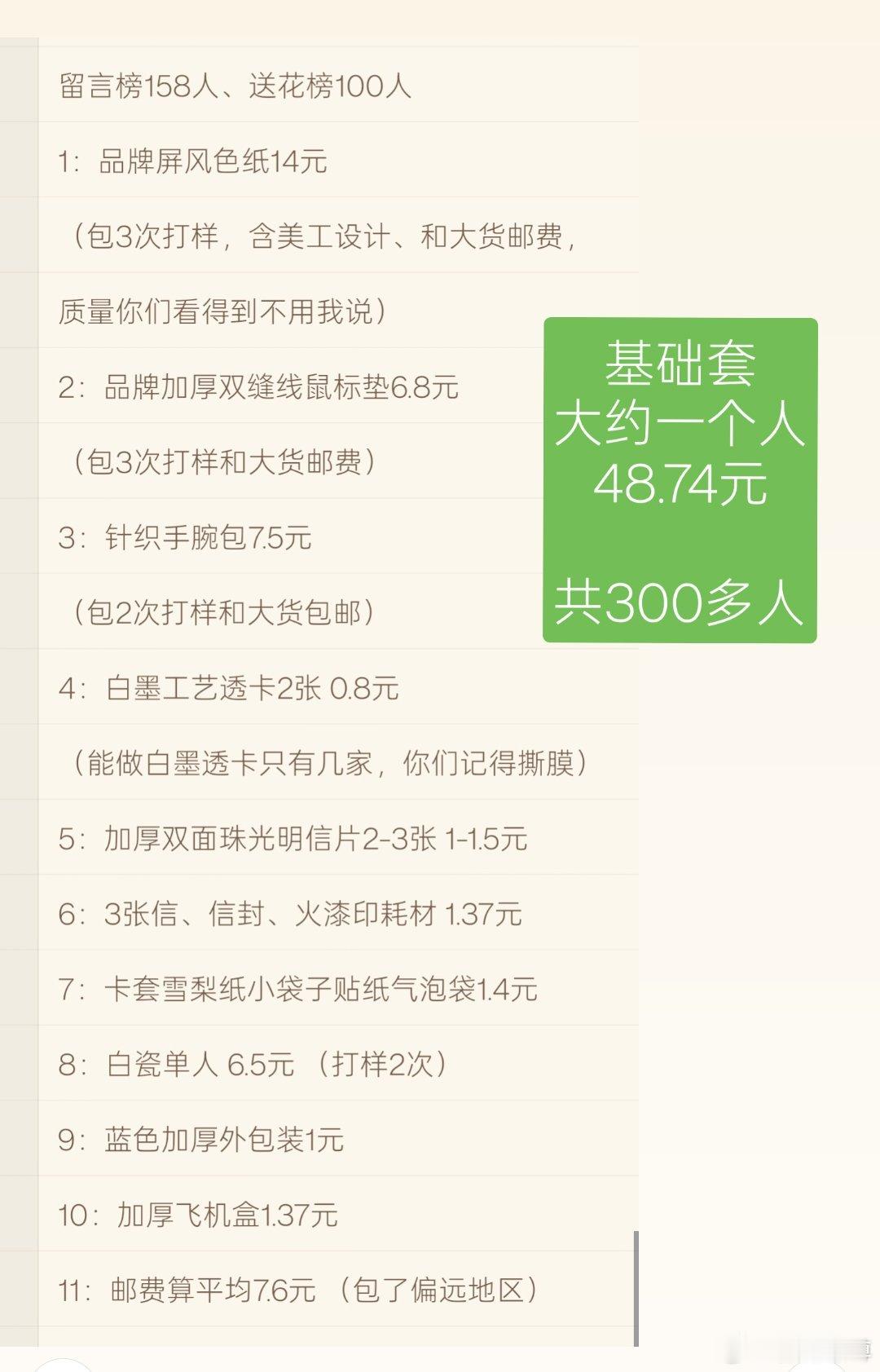 【周边明细】一个人基础套的成本约48.74元，这次共发货300多人，包括偏远地区