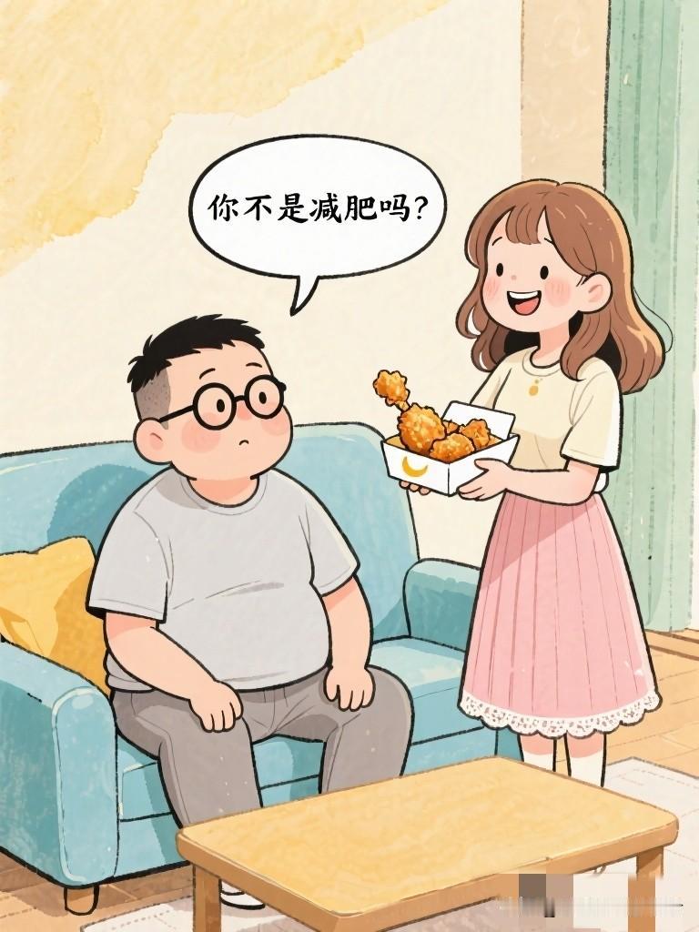 搞笑漫画：看着炸鸡，丈夫："你不是减肥吗？" 妻子："这是欺骗餐。" 丈夫："昨