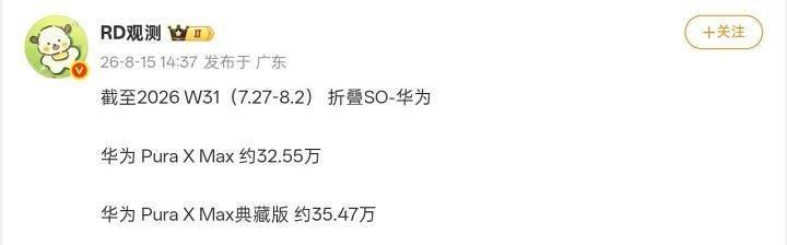 分享酷安用户@竹本青 的动态：【华为Pura X Max 最新销量曝光：全系超6