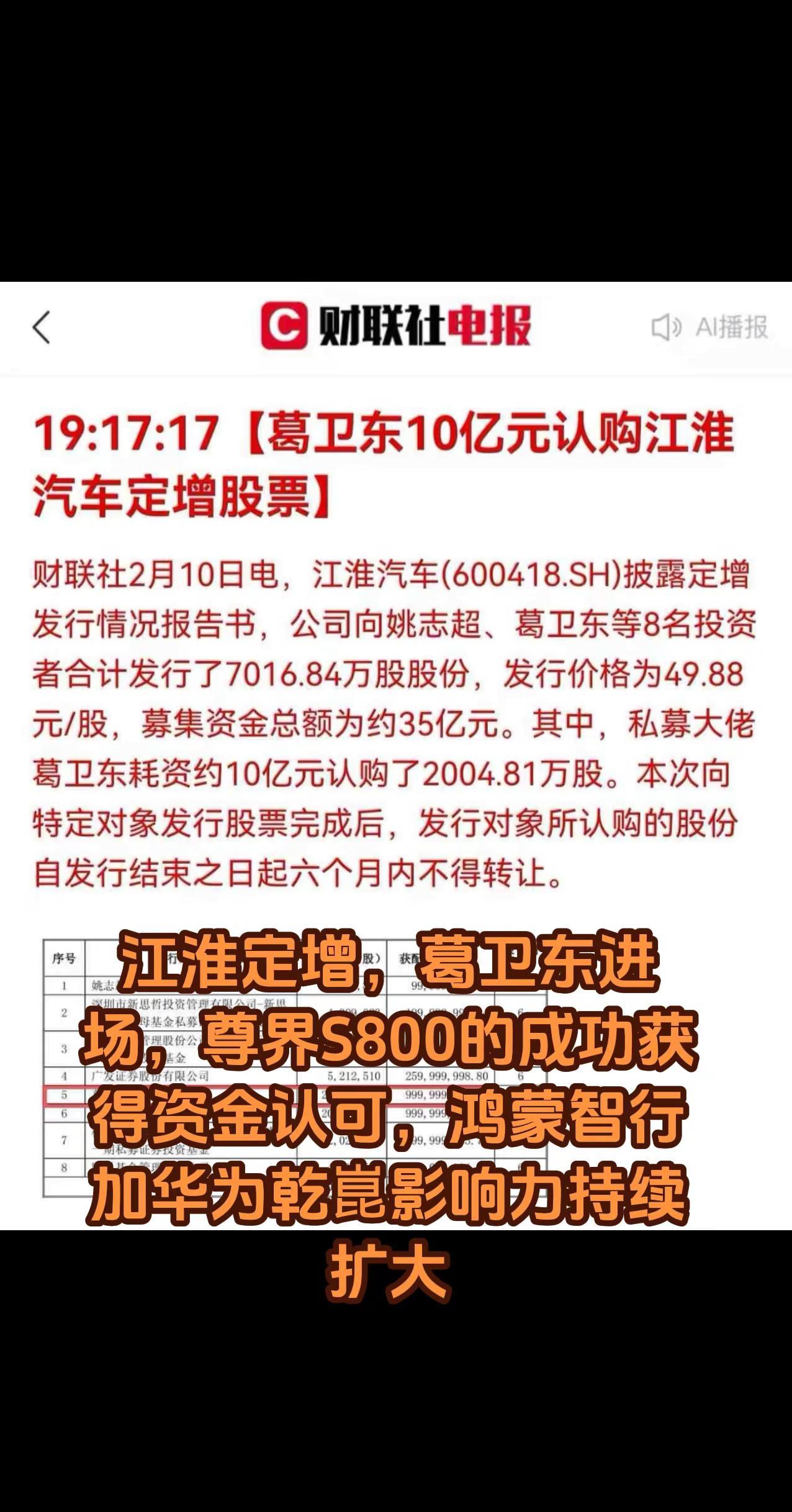 江淮定增，葛卫东进场，尊界S800的成功获得资金认可，鸿蒙智行加华为乾崑影响力持