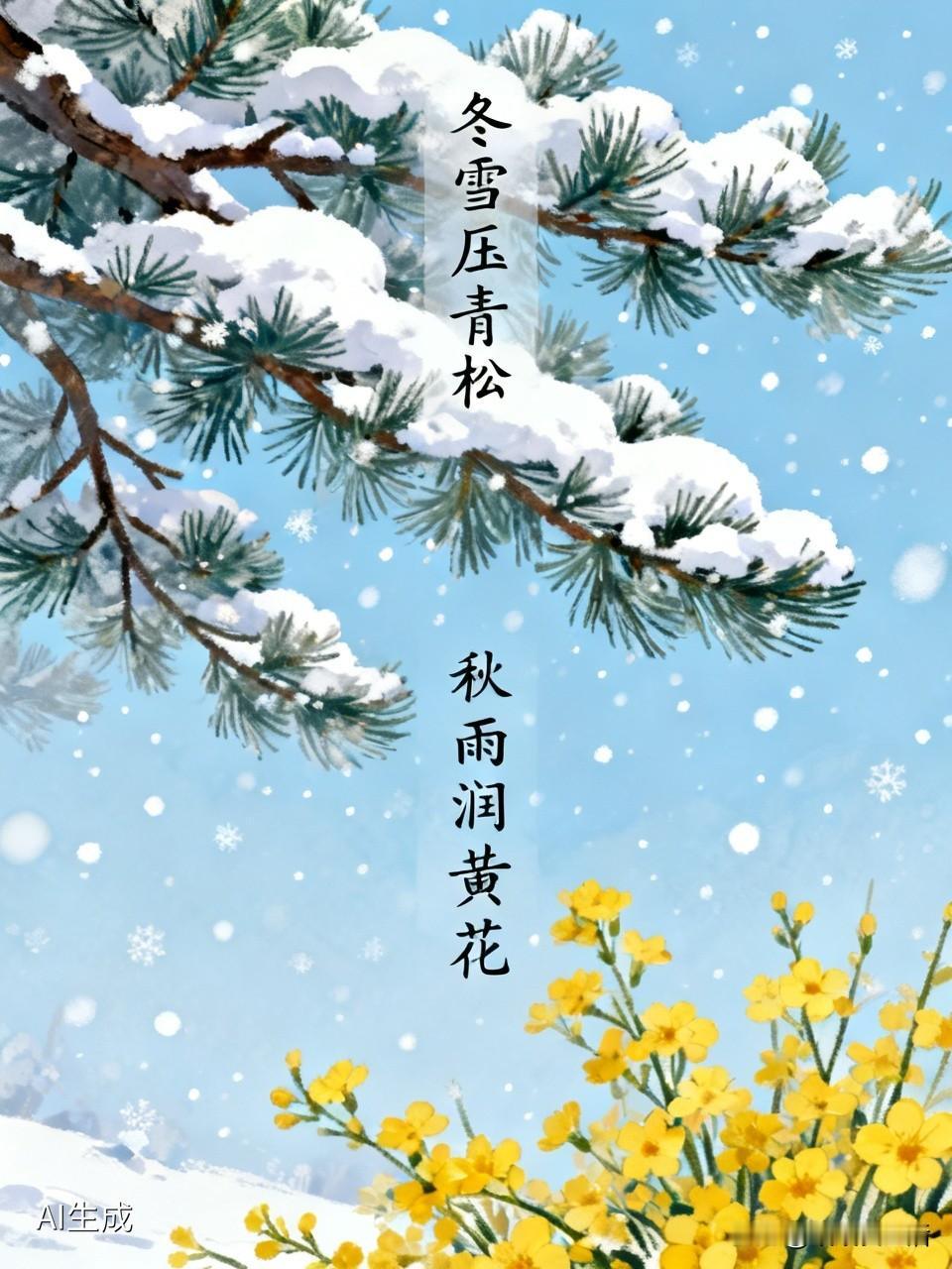 下联：秋雨润黄花。求上联？冬雪压青松！