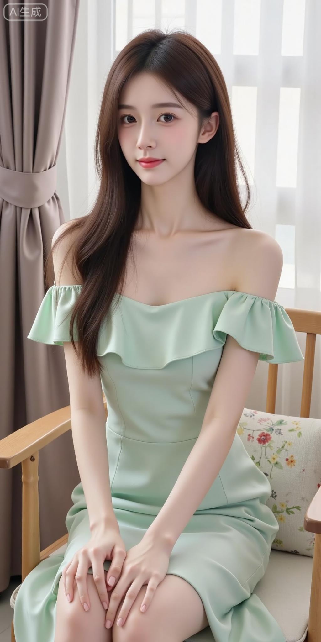 薄荷绿裙的温柔暴击
 
一字肩+荷叶边也太戳审美了！薄荷绿衬得皮肤又白又透，收腰