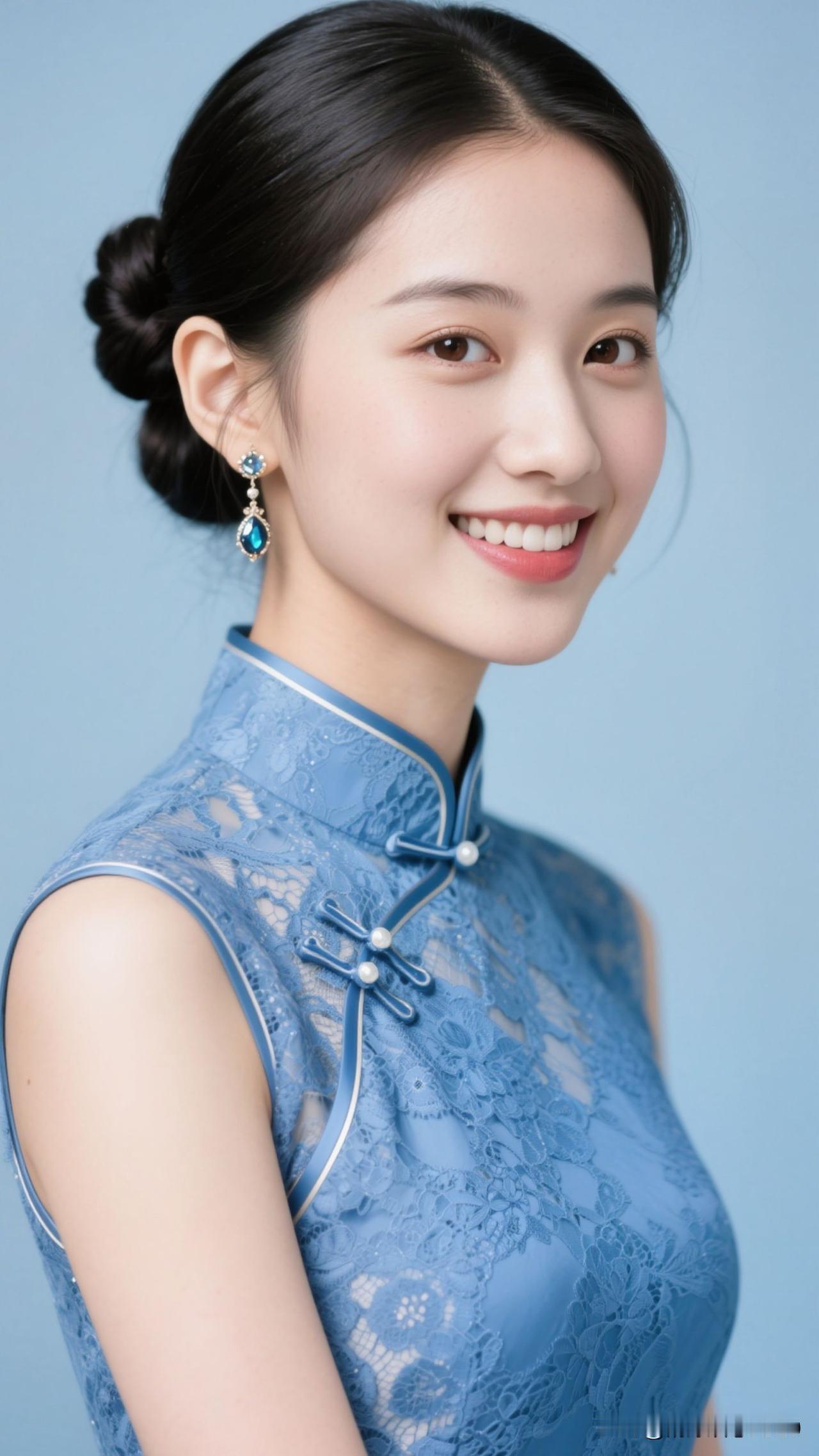 蓝旗袍盛着月色的静，宝石耳饰曳着星河的碎，她立在那里，就是东方美学的鲜活注脚。水