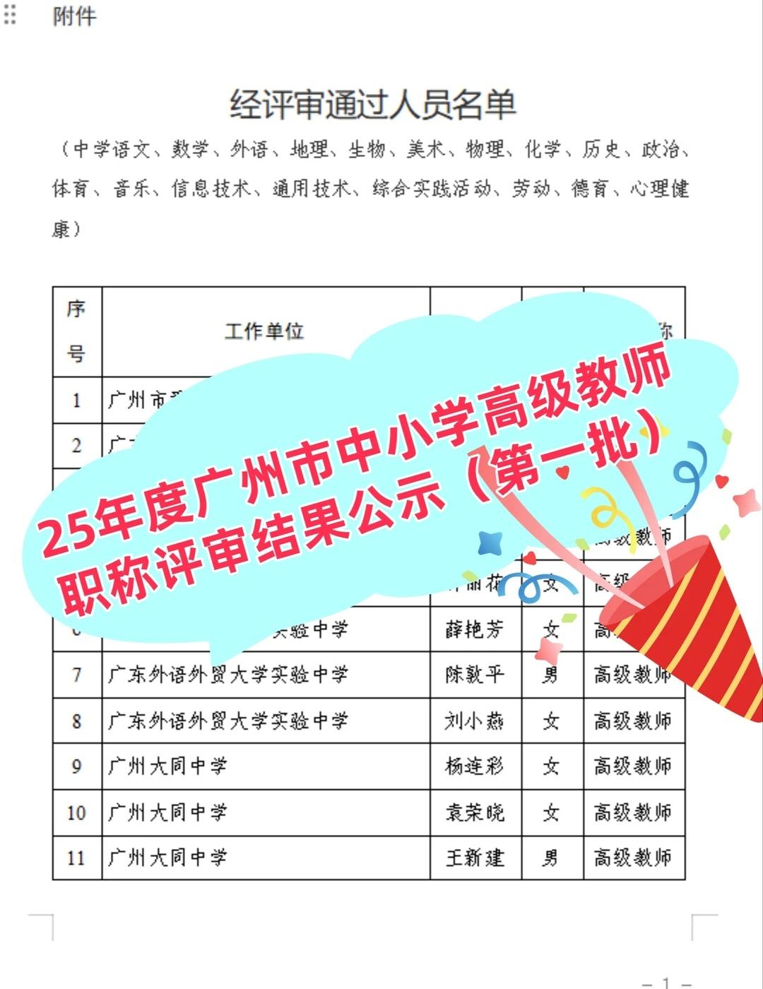25年度广州高级教师第一批名单公示🎉
2025 年度广州市中小学高级教师
职称