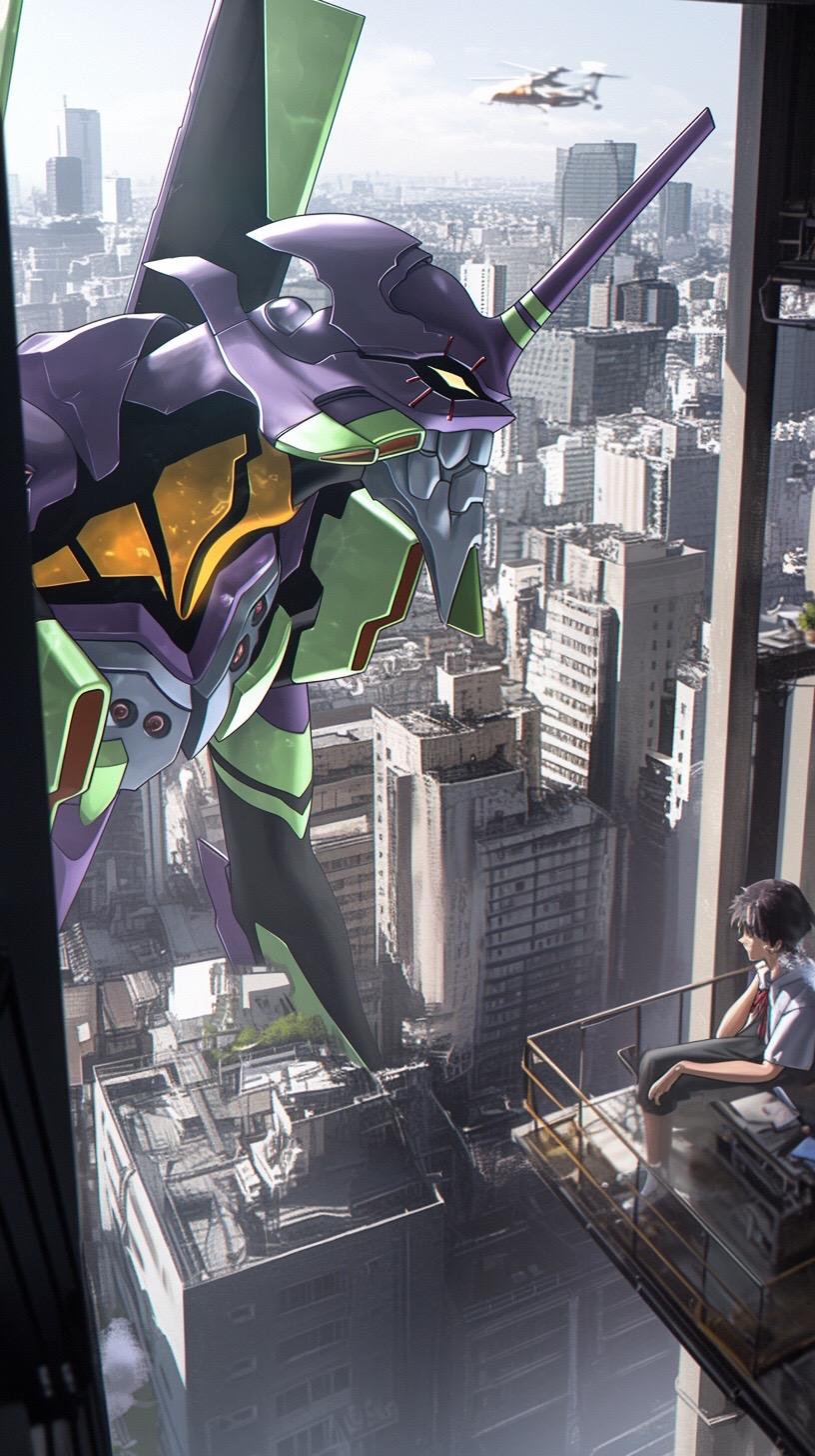 周末在家想出阳台透透气，结果发现个大家伙。#机甲 #eva #初号机 #aigc