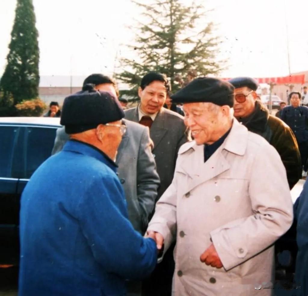 1996年12月，原装甲兵副司令员沙风将军（前右）访宿北战役战场旧址时与老战友罗