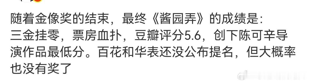 酱园弄成绩酱园弄最终成绩 有博主统计酱园弄最终成绩:三金挂0，票房不佳，豆瓣5.