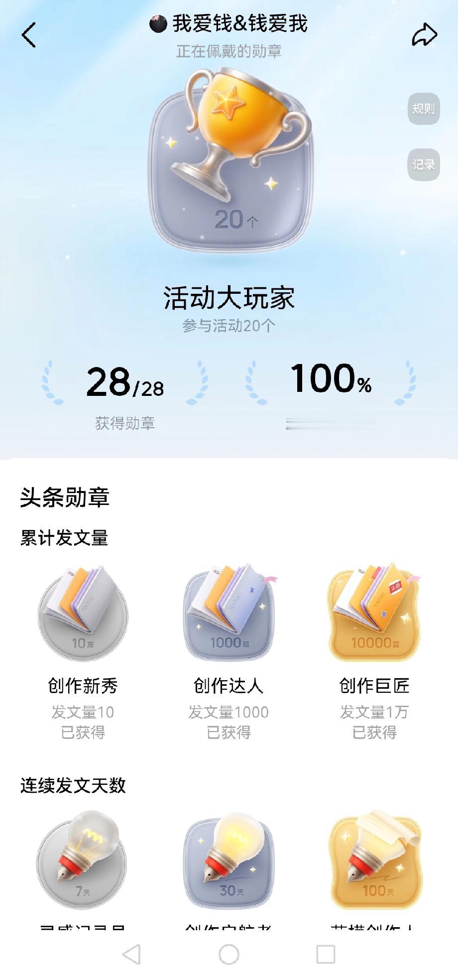 28枚勋章全部集齐，这就是账号的隐形助力。
 
今天点开勋章墙才发现，「活动大玩