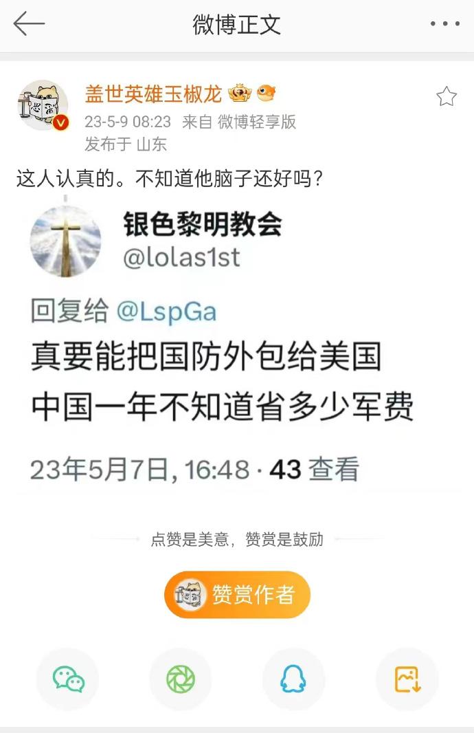 好嘛，这种言论都出来了，这帮带路党还真是急眼了——这货竟然说，要是中国把国防外包