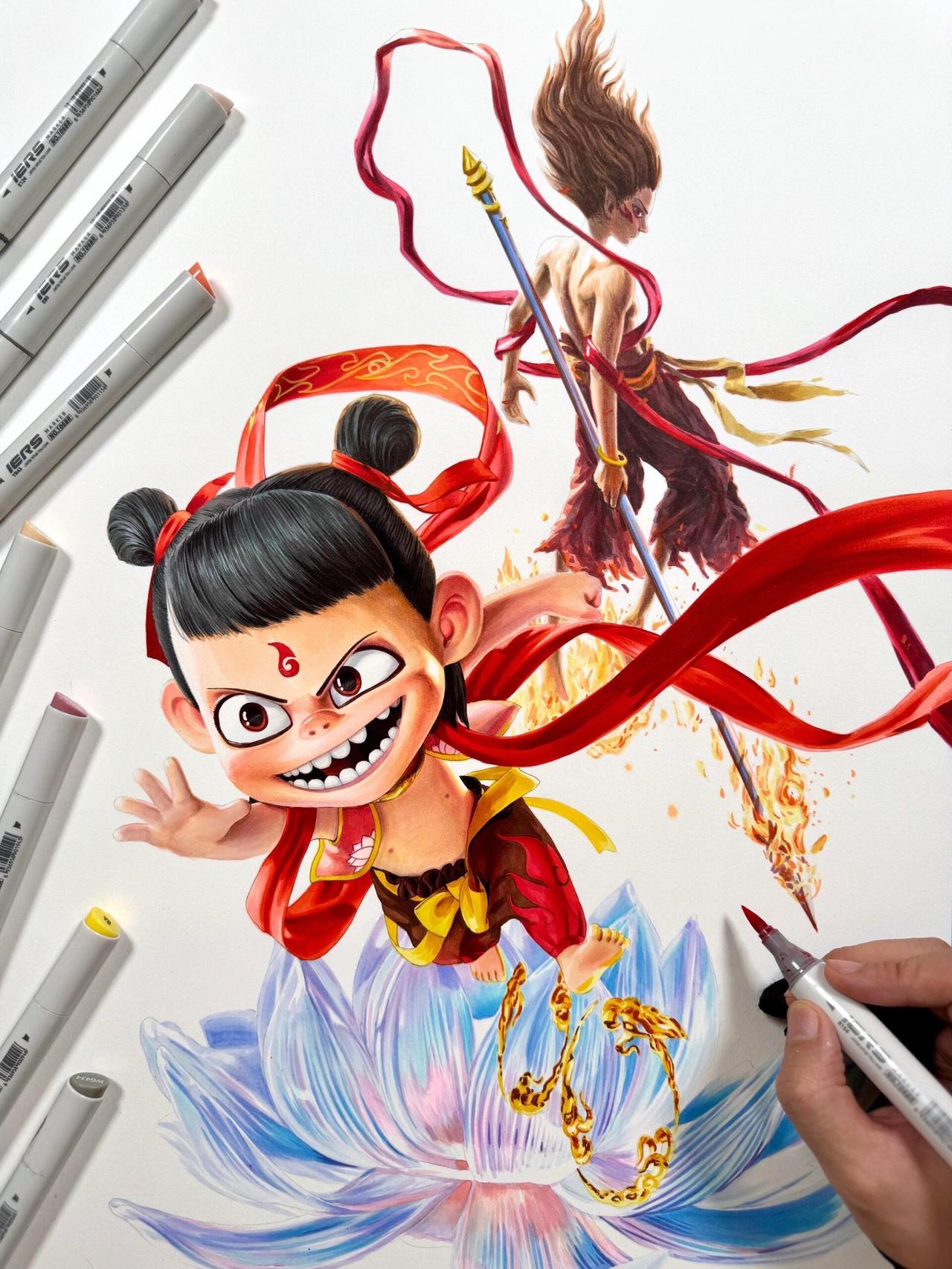 还差背景啦，先发一波过程图
画纸：300g细纹水彩纸
画笔：艾尔斯酒精马克笔，少