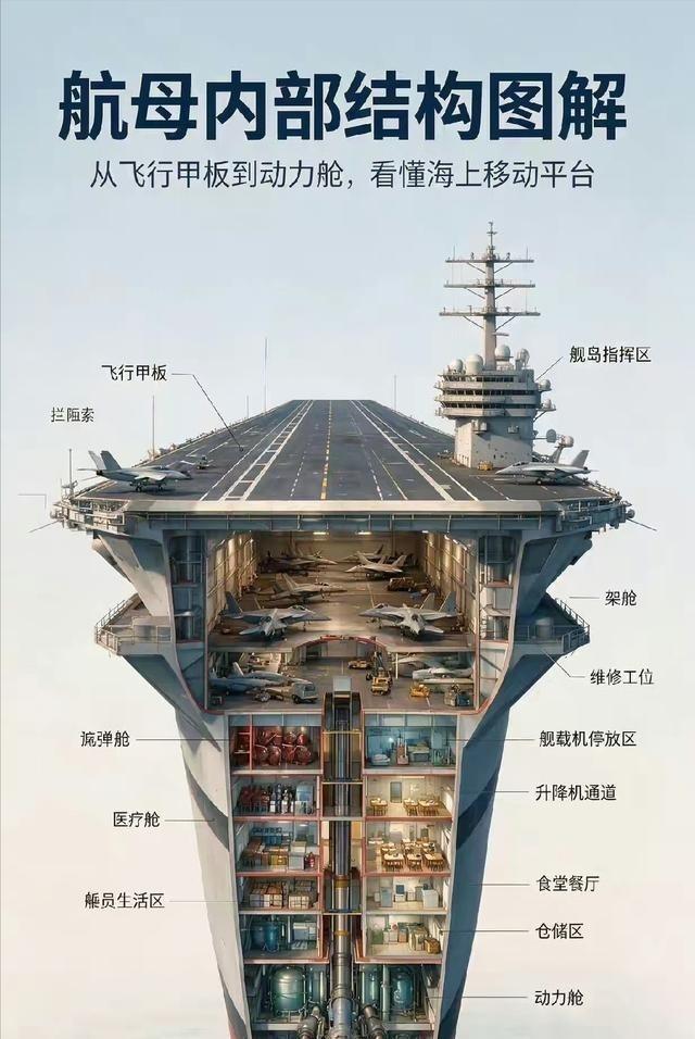 把一张航母的剖面图铺开在桌上，从最深的底舱一路量到顶部的飞行甲板，整整二十层楼高