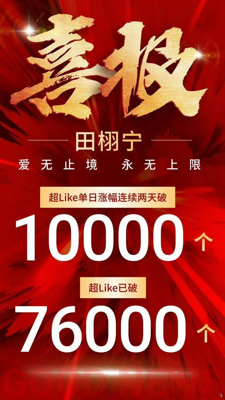田栩宁永无上限，超like单日涨幅连续两天破万，超like已破7.6万！ ​​​