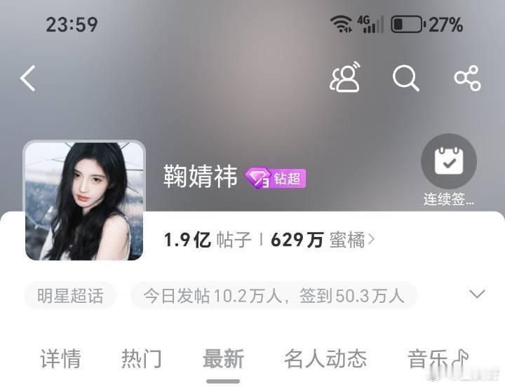 超话帖子不出意外的话，过几天也破两亿了，内娱活粉第一人女顶流[ok]鞠婧祎签到破