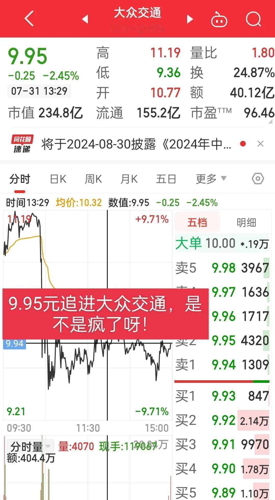 今天真的好神经，
竟然追进了大众交通，
当初6元的时候就不敢去买，感觉已经涨的很