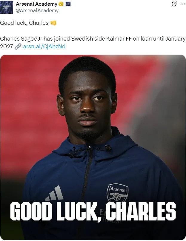 官方：阿森纳宣布查尔斯-萨戈租借加盟瑞典俱乐部卡尔马FF直到2027年1月。现年