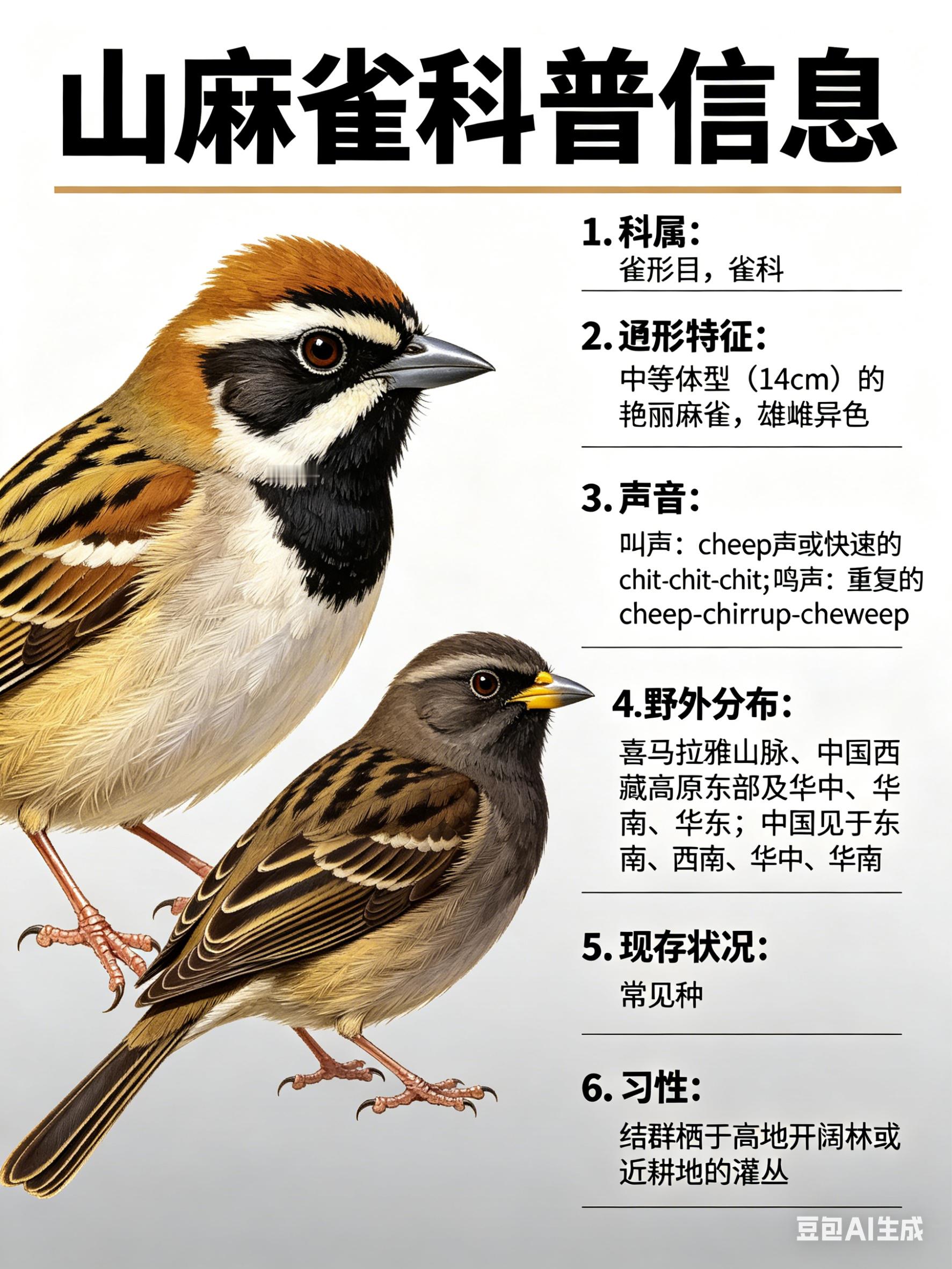 鸟类朋友图鉴 山麻雀·科属：雀形目，雀科。·外形特征：中等体型（14cm）的艳丽