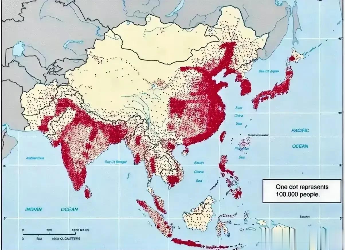 东亚、南亚、东南亚人口密度分布示意图
沿海地区、平原为人口分布主要聚集区[机智]