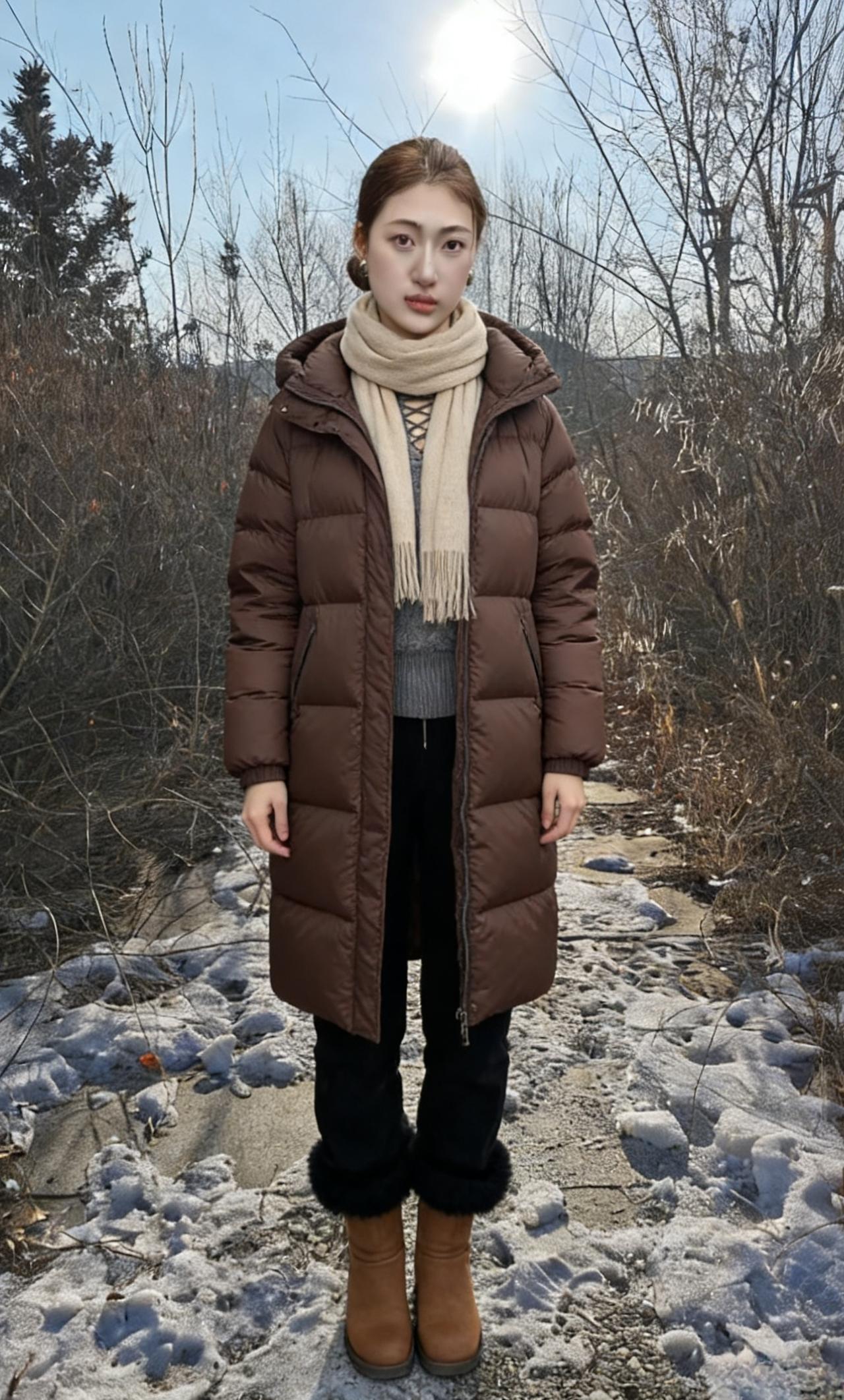 荒郊雪覆径弯弯，衣袂迎风意自闲。
莫道冬林无暖色，一身风骨胜春山。