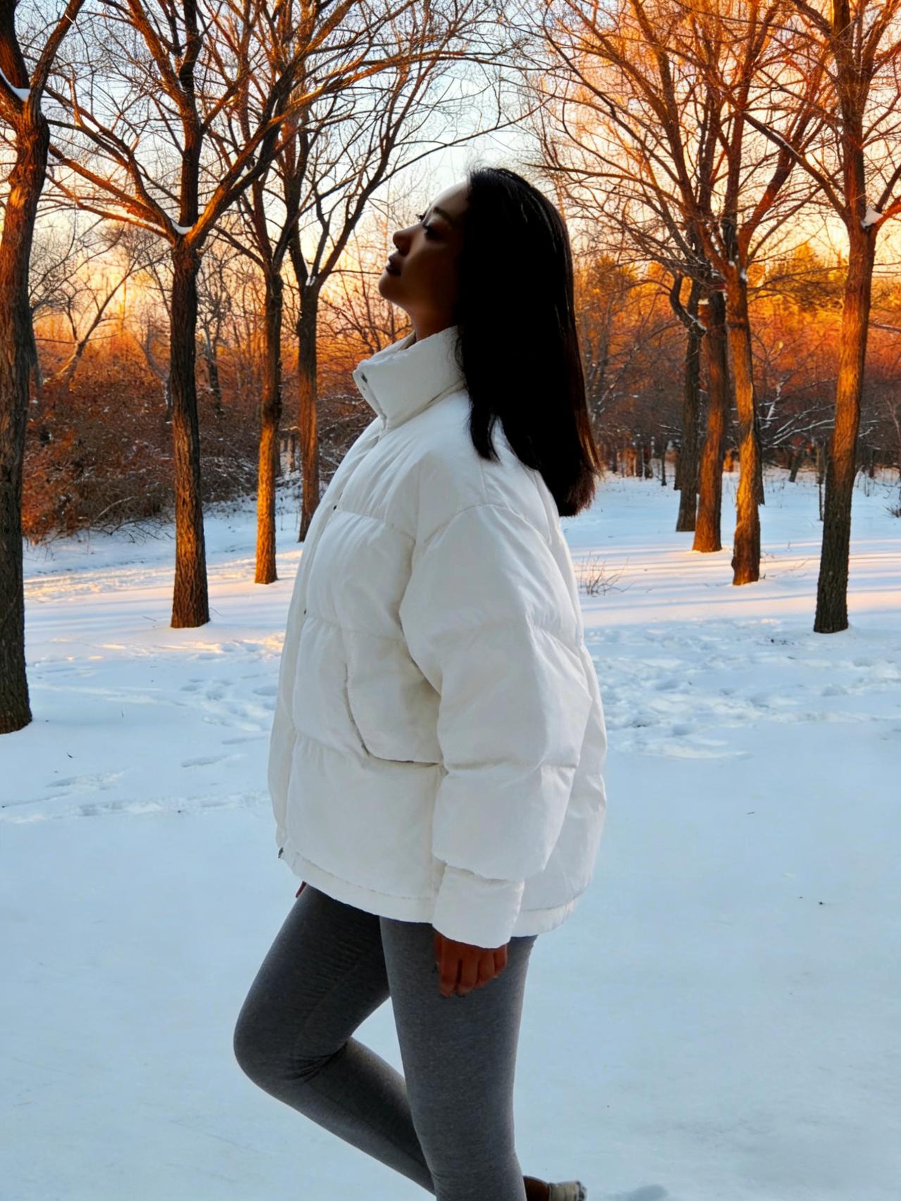 寒林雪满枝，晴昊碧琉璃。
素氅凝霜气，纤腰束素肌。
仰眸迎晓日，舒息吐寒澌。
独