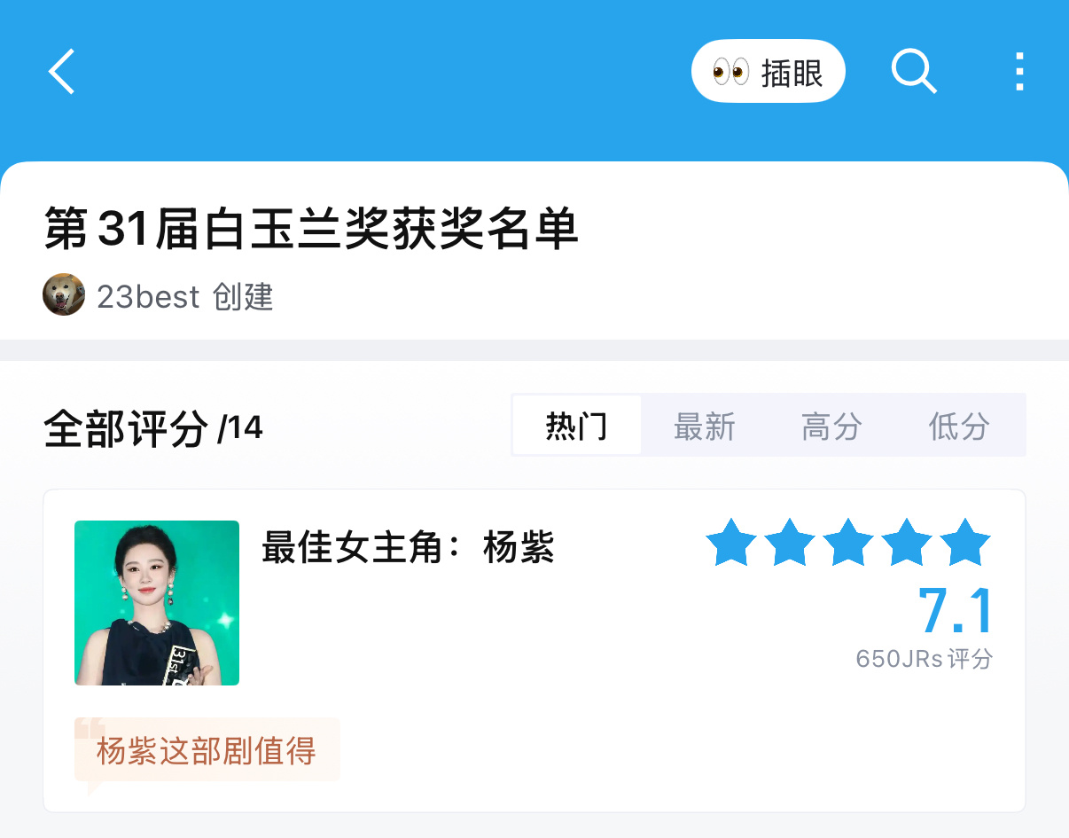 虎扑🔍第31届白玉兰奖获奖名单  给最佳女主角杨紫打10分 