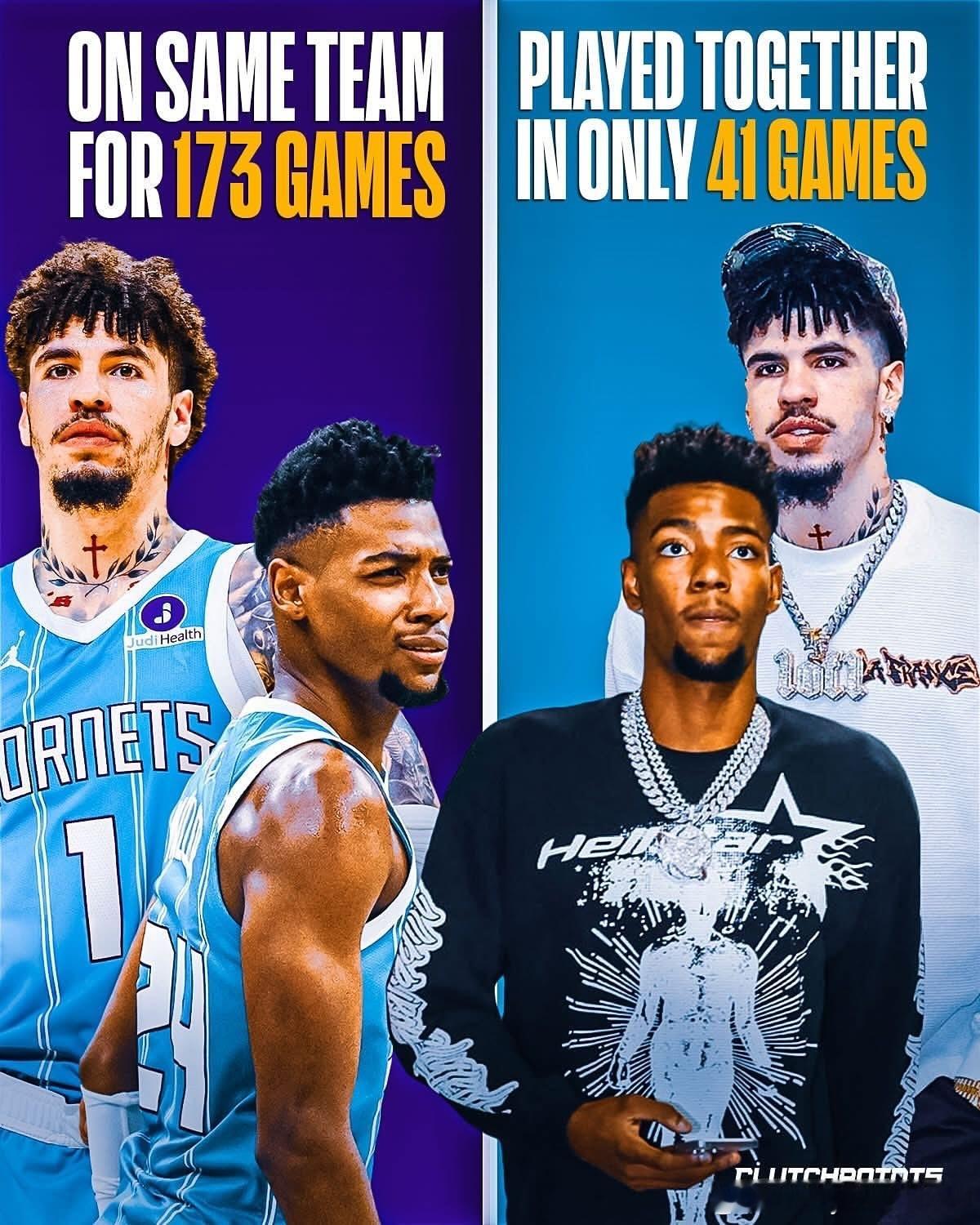 米勒和三球成队友后一共有173场比赛，两人同时出勤的比赛只有41场 