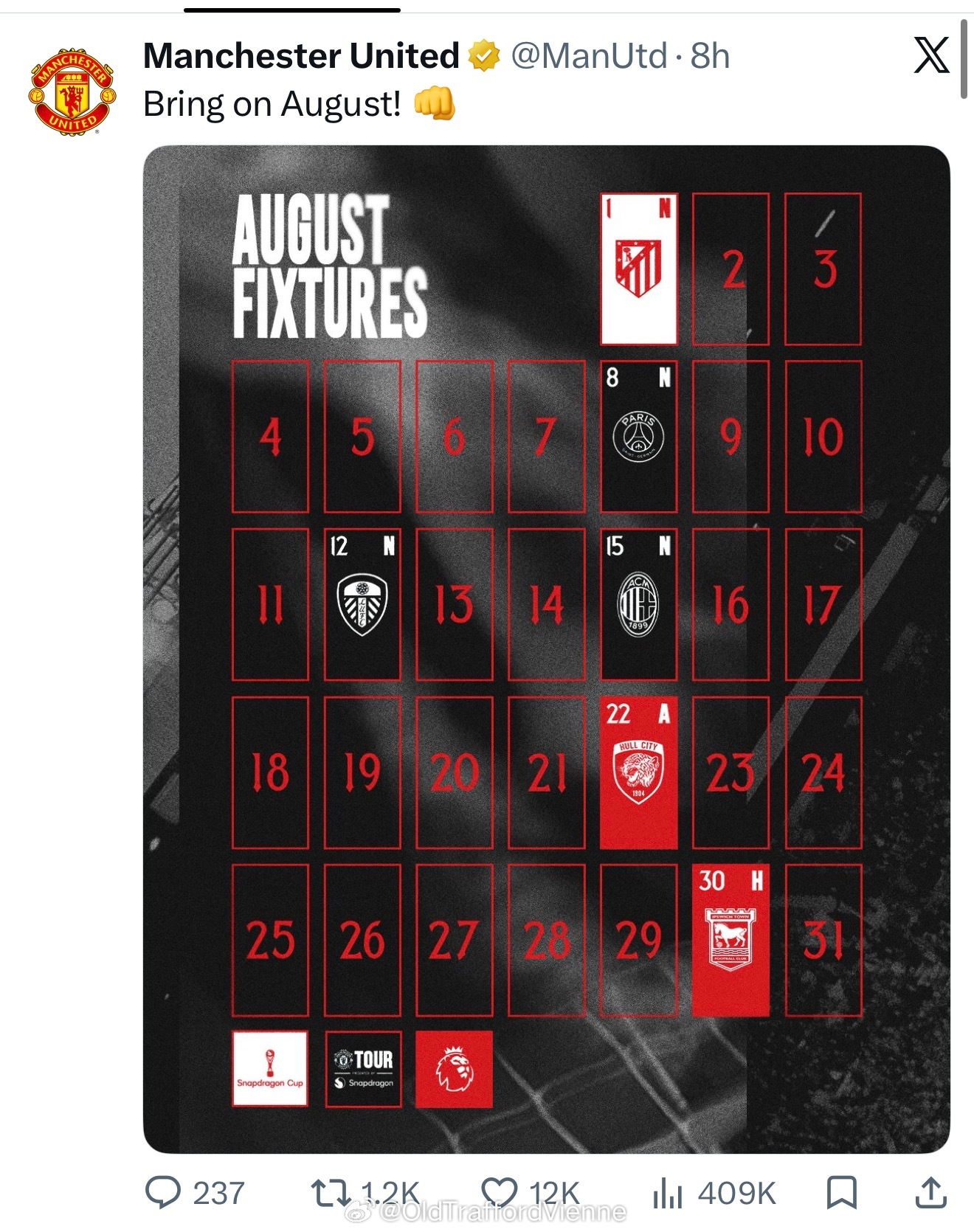 曼联8月赛程日历 