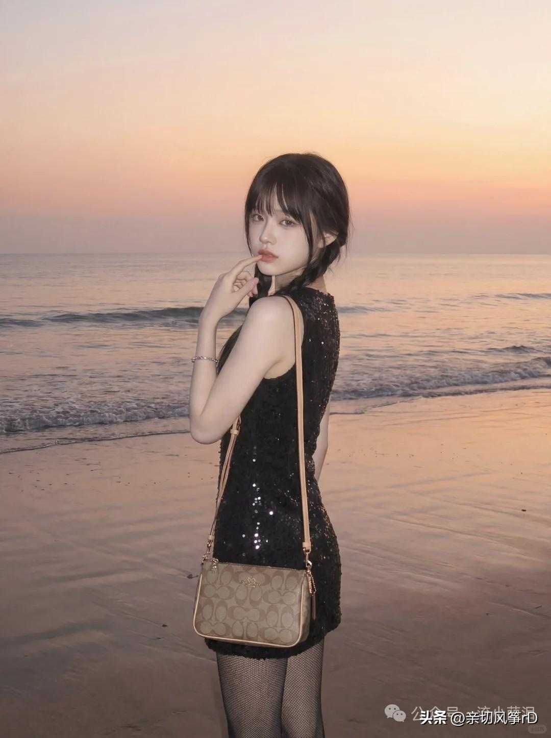 海边漫步，优雅黑裙，闪耀日落