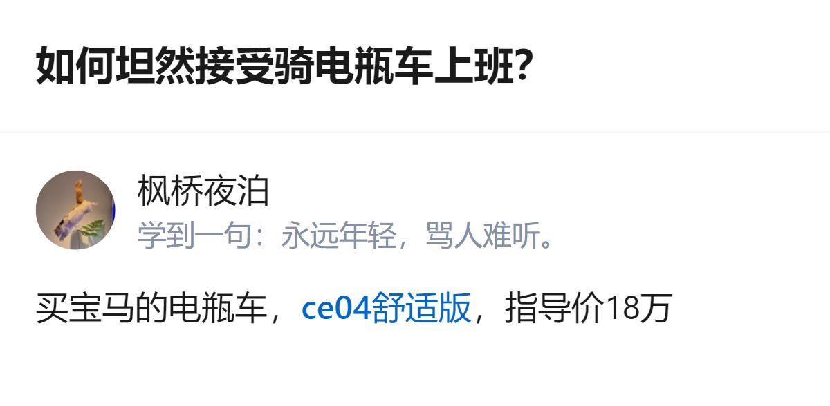 针对骑电瓶车上班的问题，有人提到可以买指导价18万的宝马电瓶车。