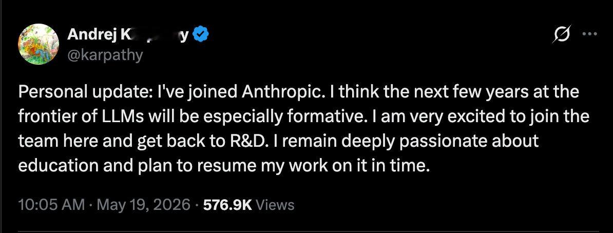 Andrej Karpathy 刚刚在 X 上宣布加入 Anthropic。这位