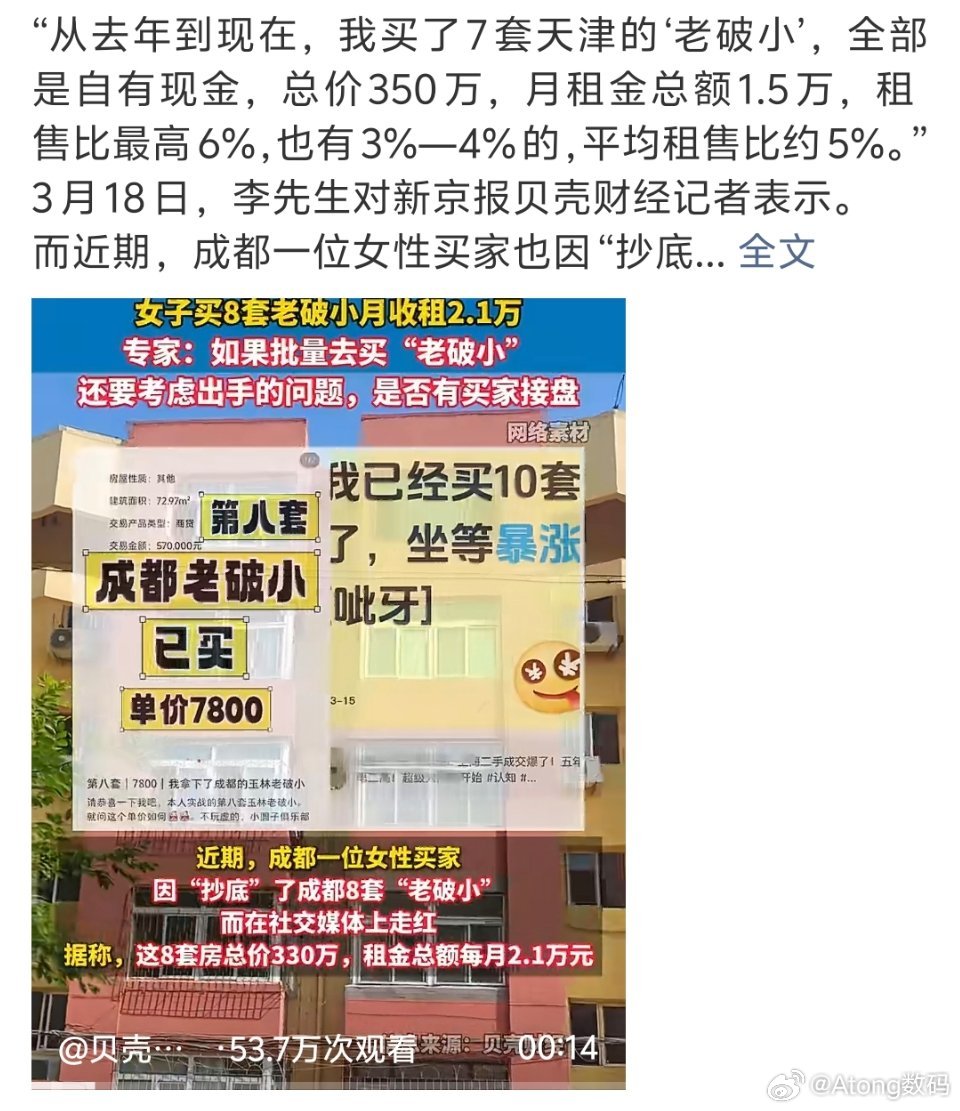 女子买8套老破小月收租2.1万光收租也要几十年才能回本天津租金这么低吗？ 