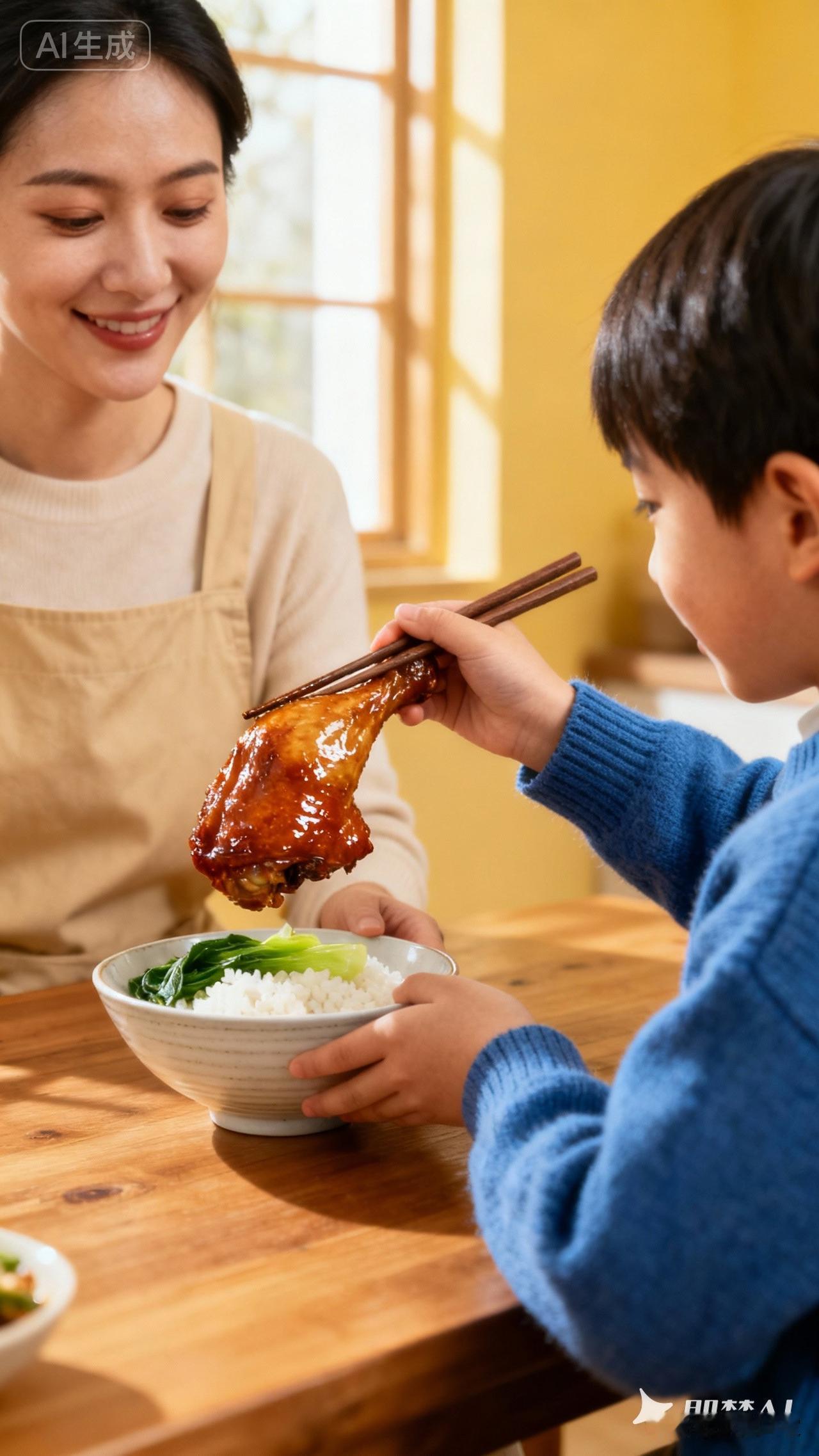 挺幸福的！
昨天吃买来的熏鸡，我儿子夹了只鸡腿，我以为他是给自己夹的，谁知道他夹