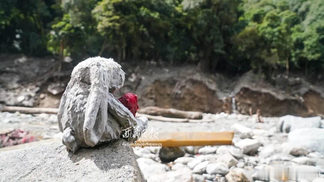 消防员发现抱着爱心的兔子和童装搜救途中，消防员发现了这只布偶兔和那件童装，弯腰拾