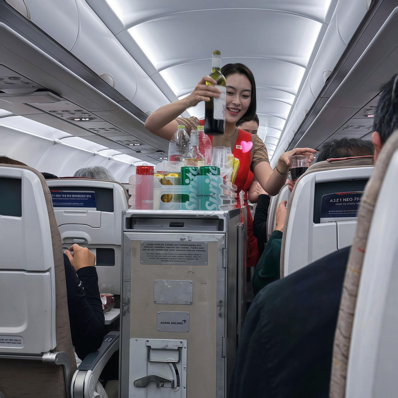 空姐在飞机上微笑服务，乘客们享受舒适的旅程。